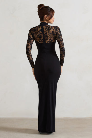 Arden Black High-Neck Split Maxi Dress With Lace Sleeves
